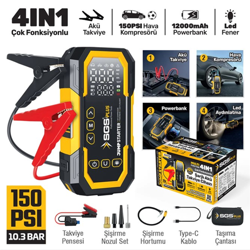 SGS ŞARJLI AKÜ TAKVİYE VE HAVA KOMPRESÖRÜ DİJİTAL 16.8V 12.000 Mah 4 in 1 SGS5399